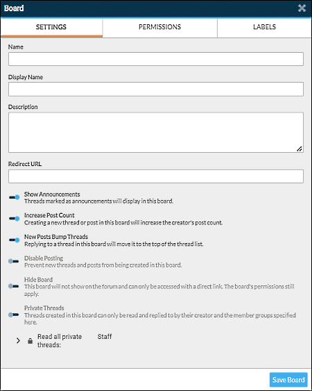 board dialog box settings tab