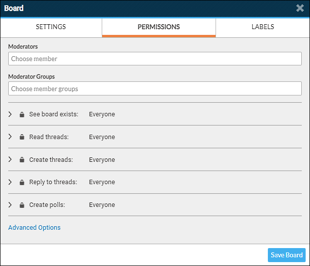 new board dialog box permissions tab