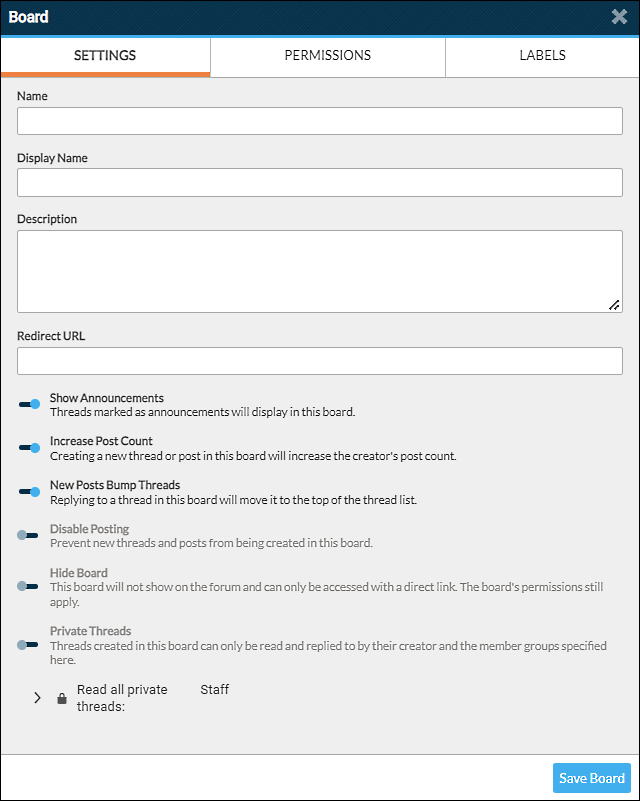 new board dialog box settings tab