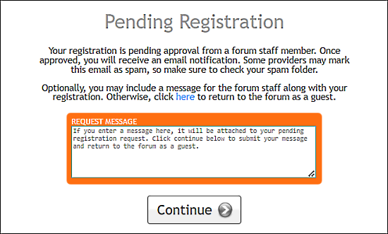 pending registration page with message box