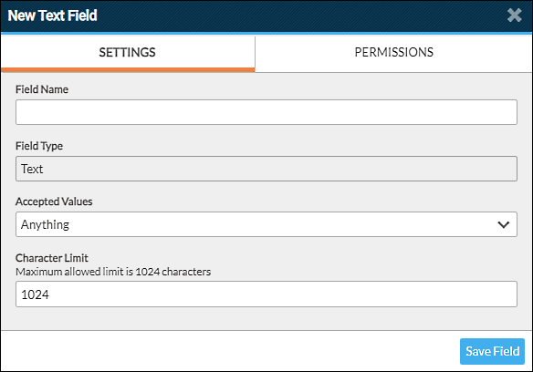 text field settings dialog box